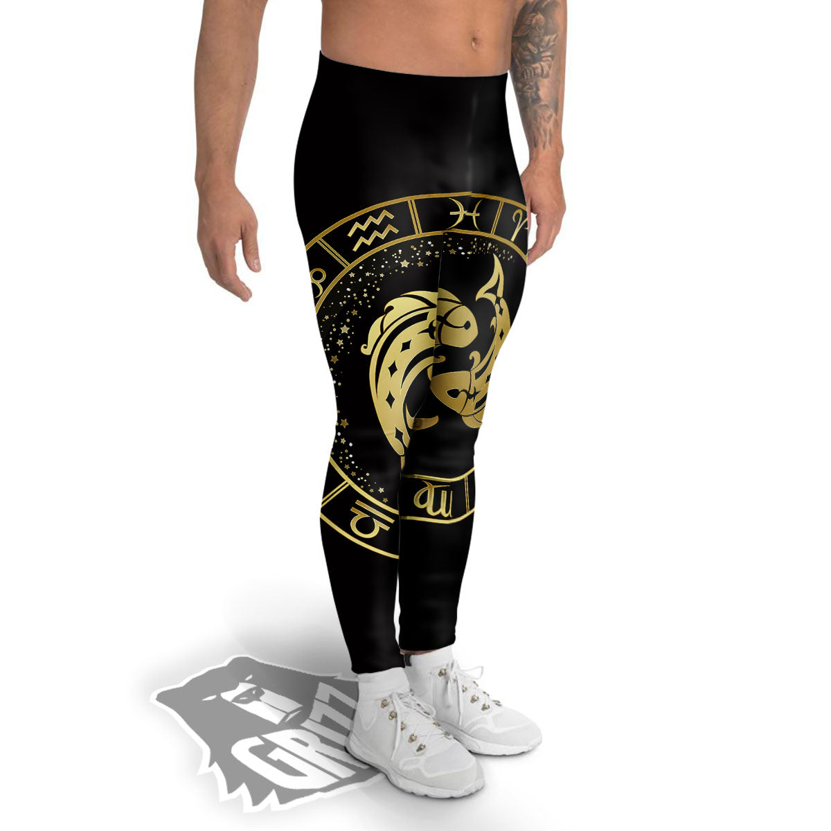 Zodiac Sign Golden Pisces Print Men's Leggings-grizzshop