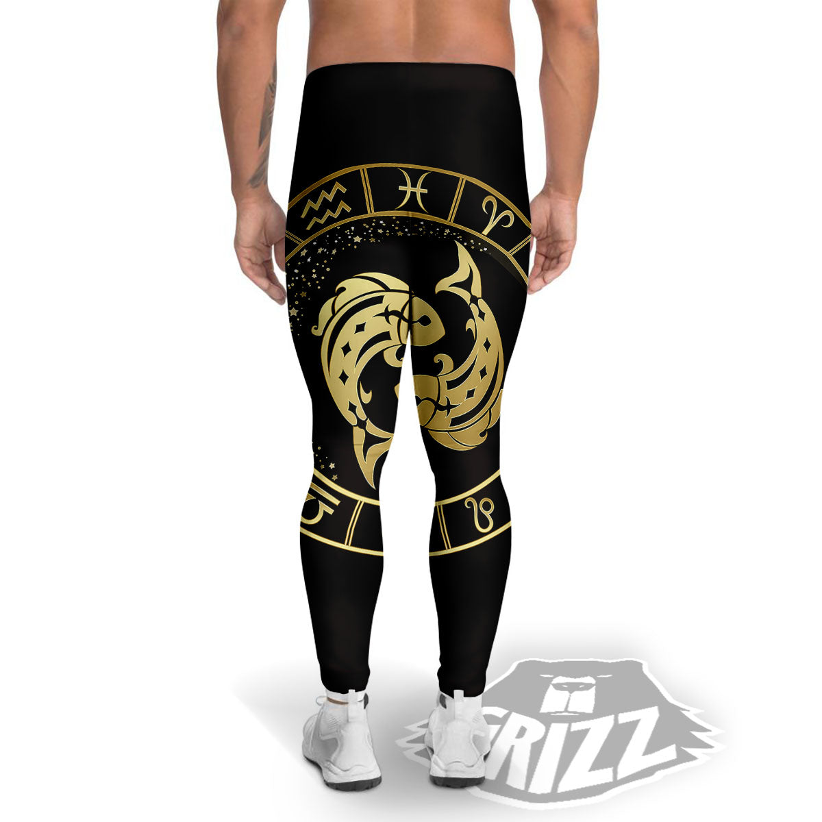 Zodiac Sign Golden Pisces Print Men's Leggings-grizzshop