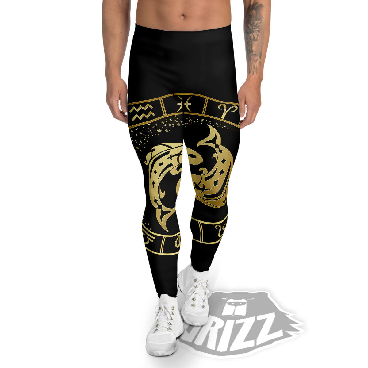 Zodiac Sign Golden Pisces Print Men's Leggings-grizzshop