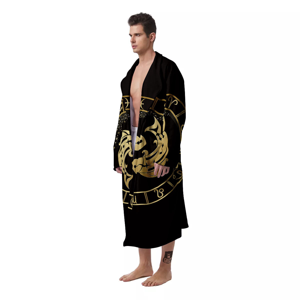 Zodiac Sign Golden Pisces Print Men's Robe-grizzshop