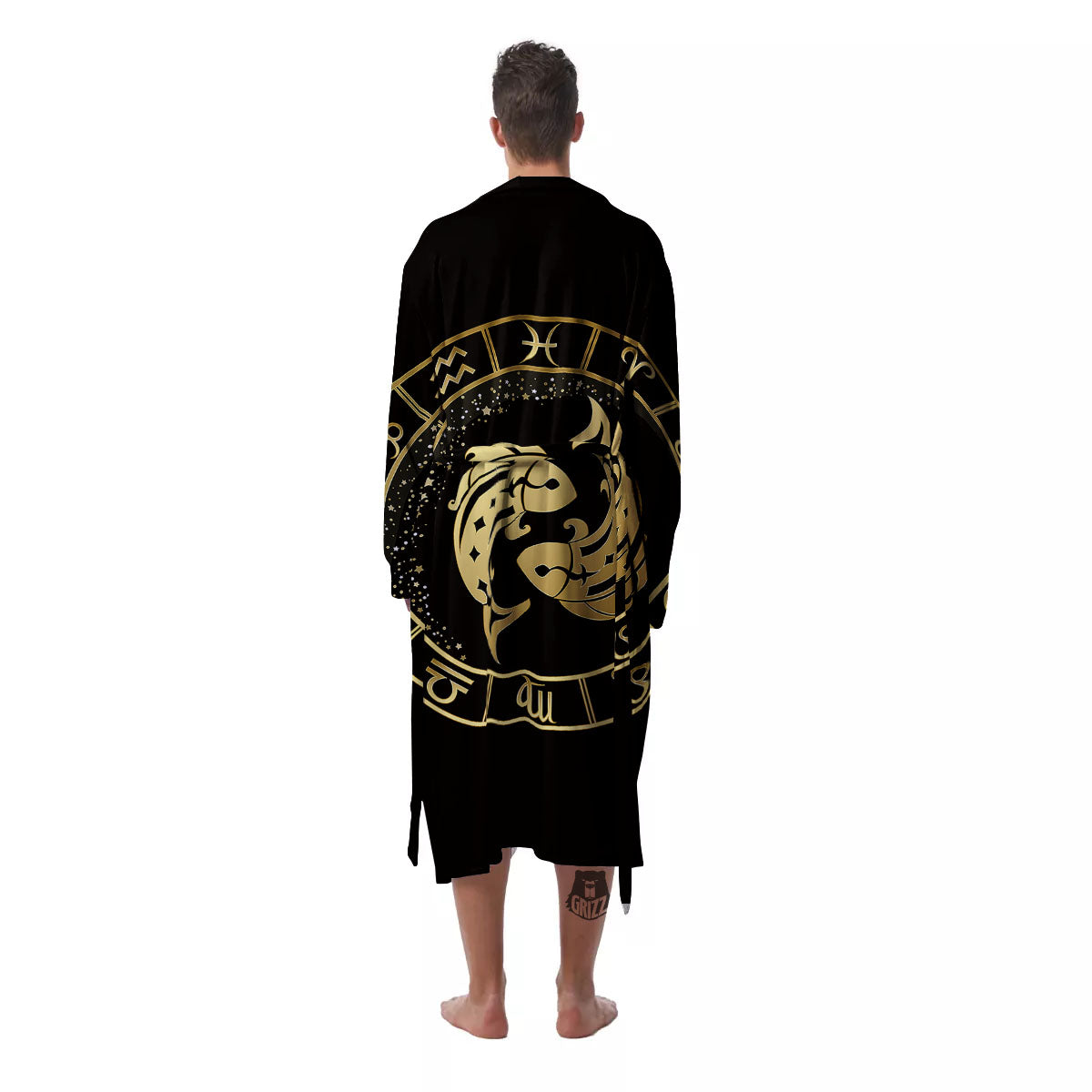 Zodiac Sign Golden Pisces Print Men's Robe-grizzshop