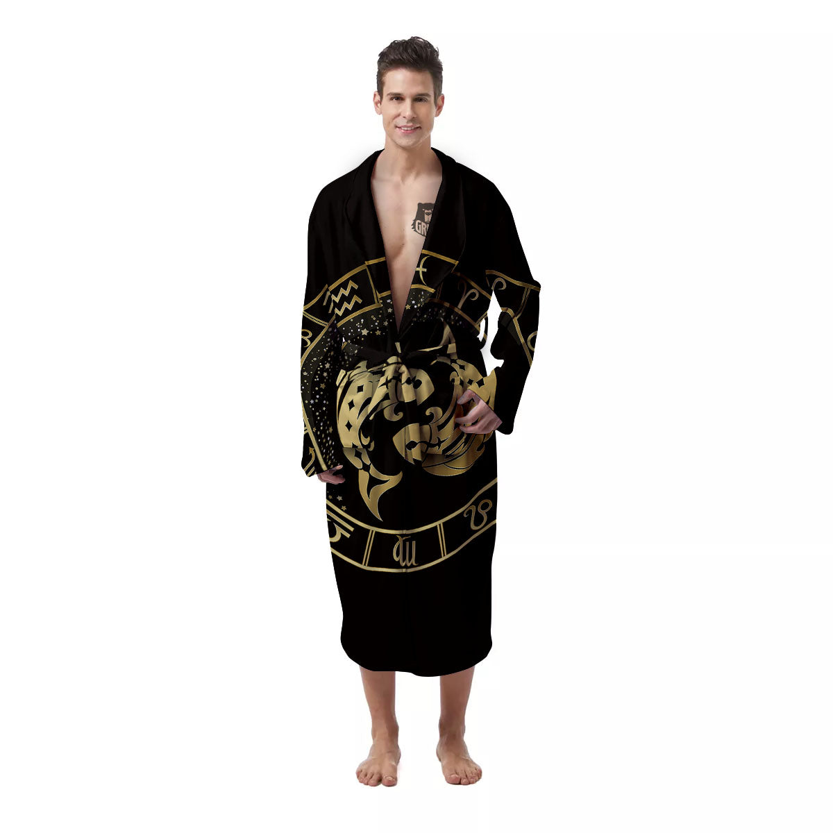 Zodiac Sign Golden Pisces Print Men's Robe-grizzshop