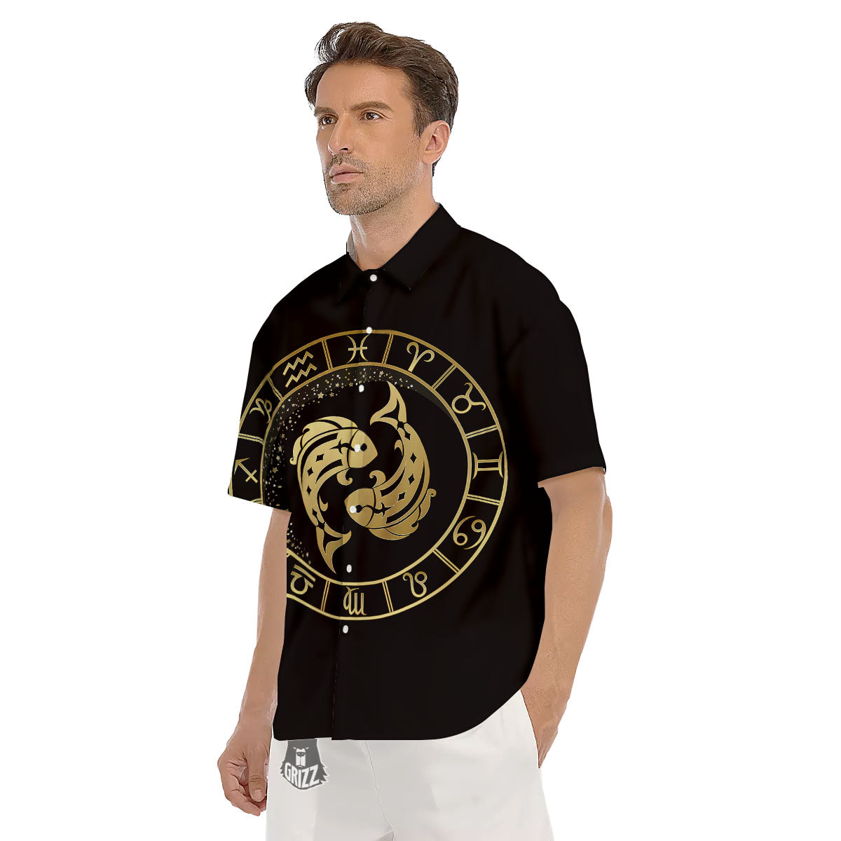 Zodiac Sign Golden Pisces Print Men's Short Sleeve Shirts-grizzshop