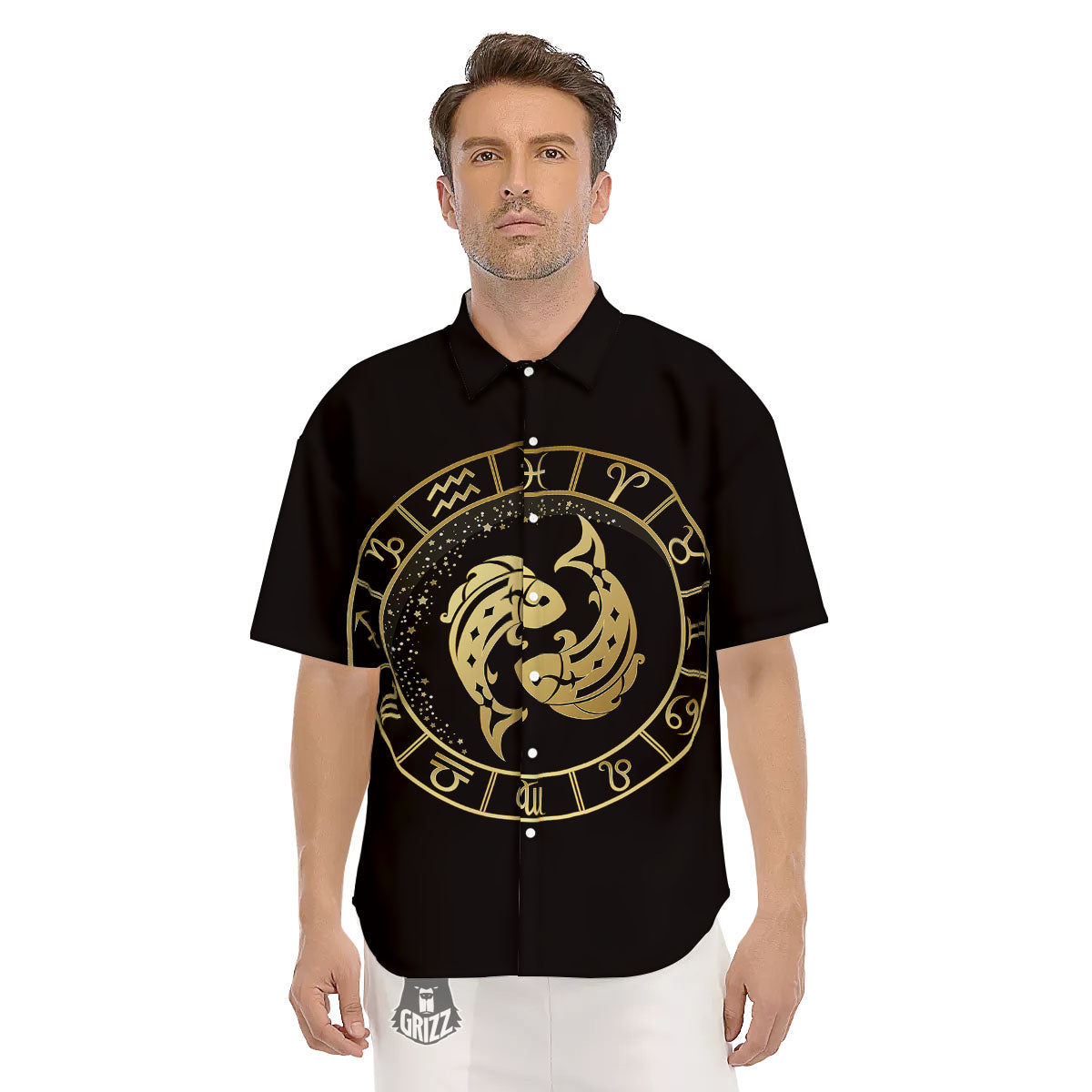 Zodiac Sign Golden Pisces Print Men's Short Sleeve Shirts-grizzshop