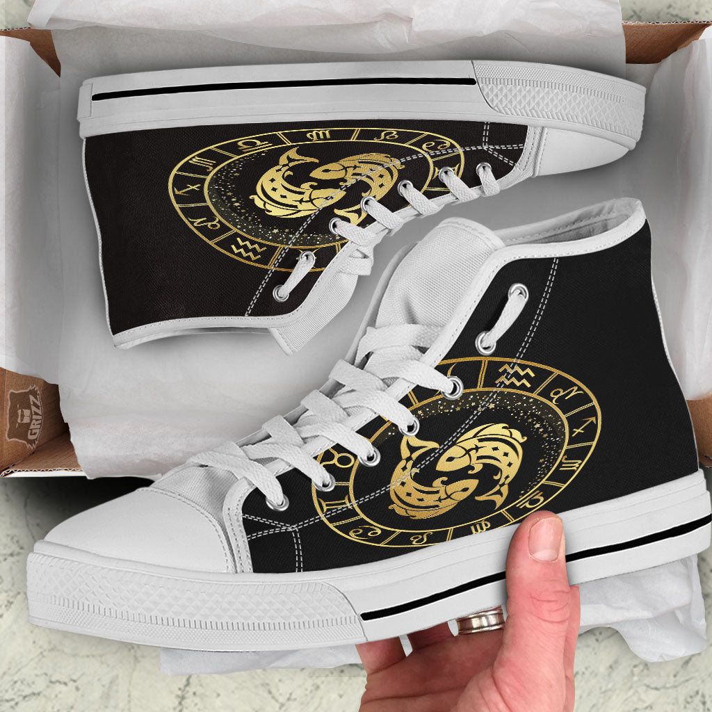 Zodiac Sign Golden Pisces Print White High Top Shoes-grizzshop