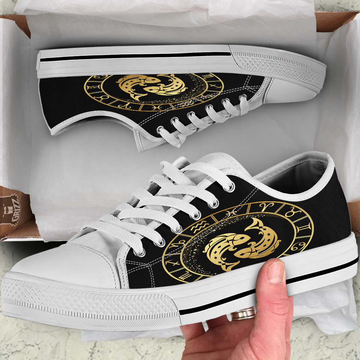Zodiac Sign Golden Pisces Print White Low Top Shoes-grizzshop