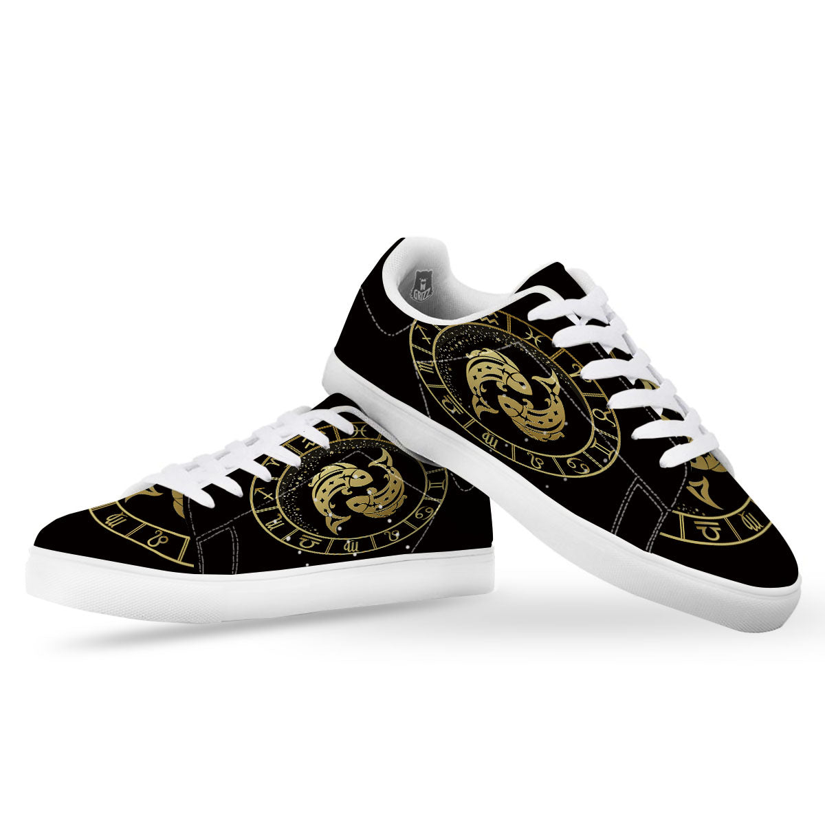Zodiac Sign Golden Pisces Print White Low Top Sneakers-grizzshop