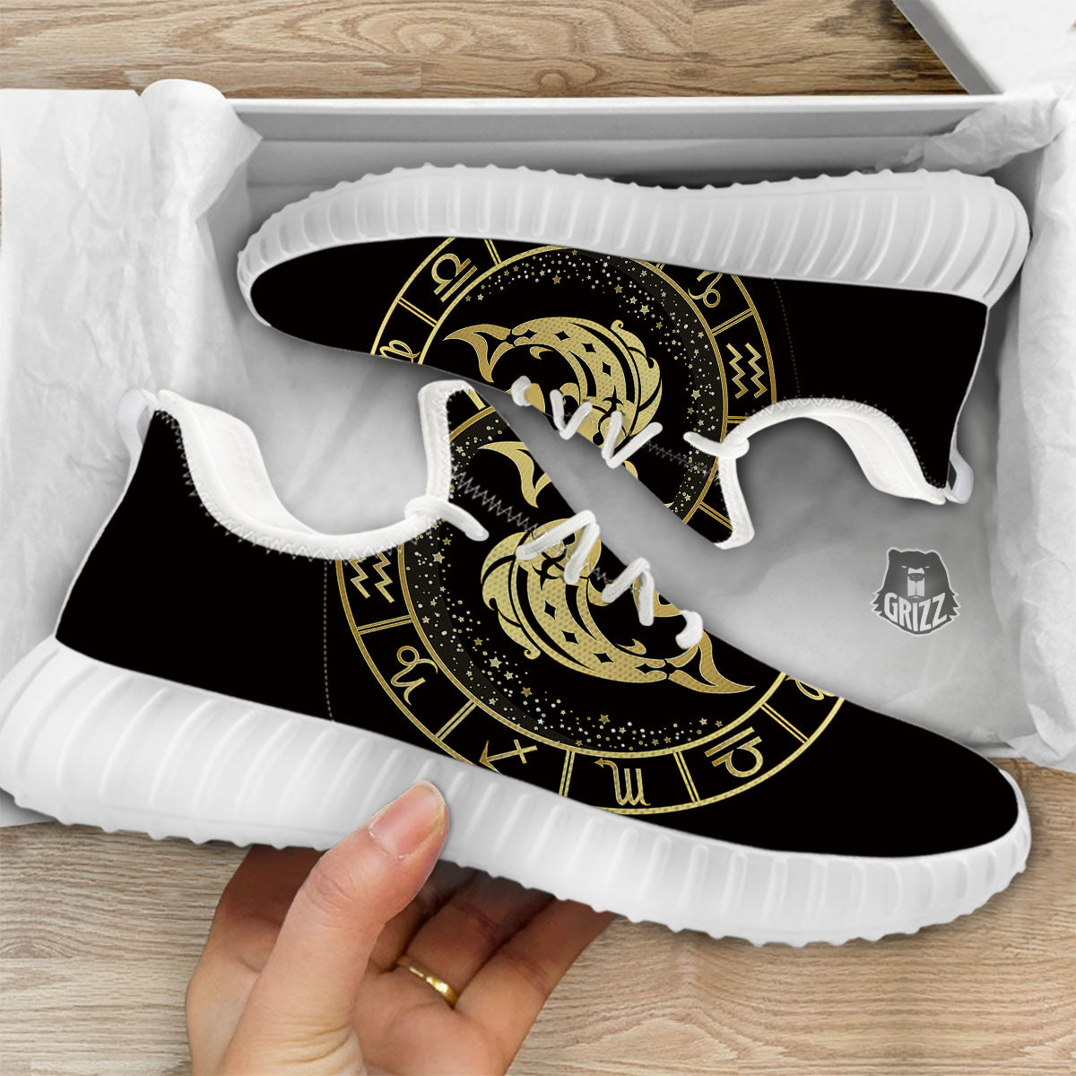 Zodiac Sign Golden Pisces Print White Walking Shoes-grizzshop