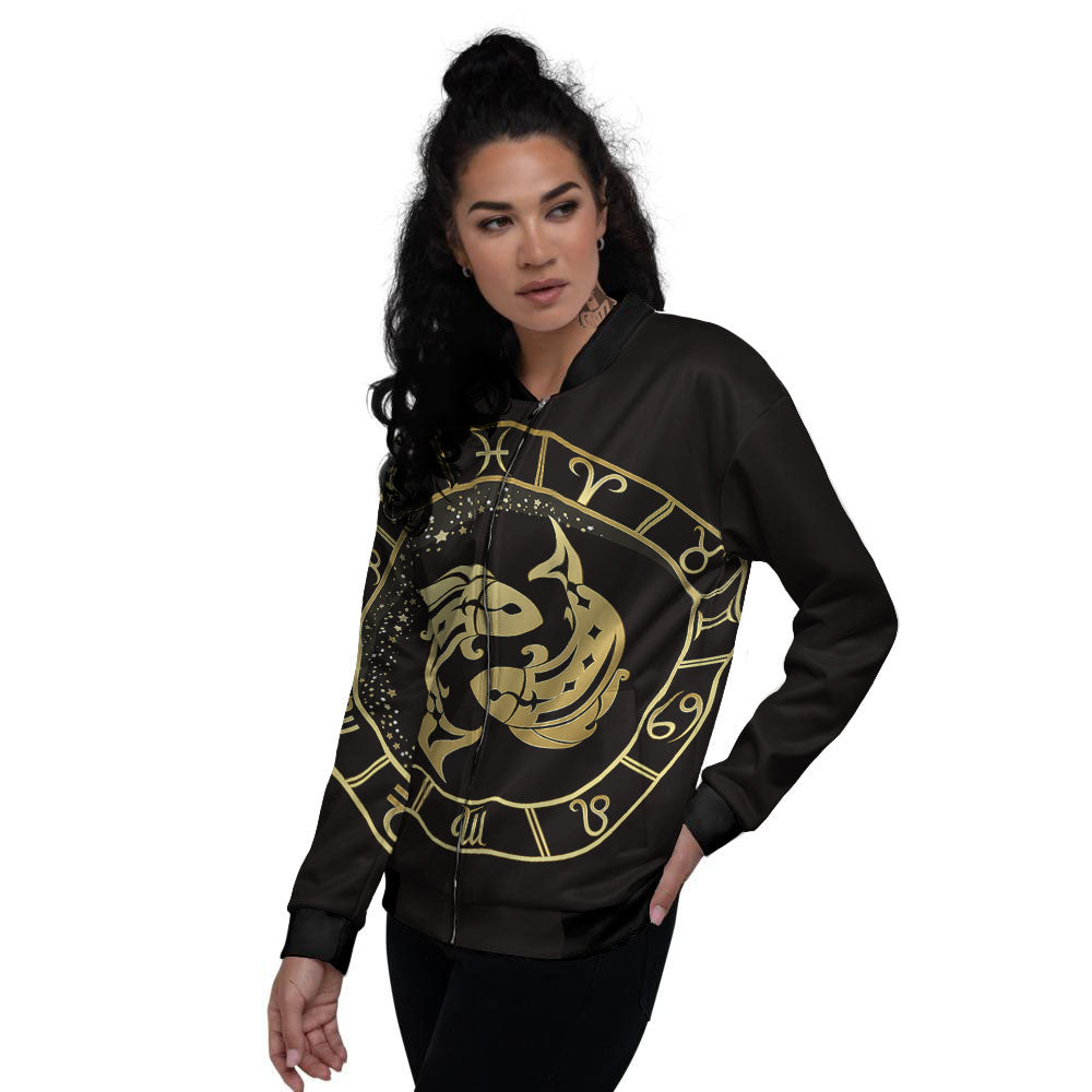 Zodiac Sign Golden Pisces Print Women's Bomber Jacket-grizzshop