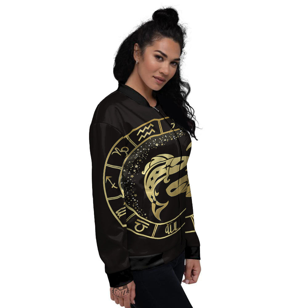 Zodiac Sign Golden Pisces Print Women's Bomber Jacket-grizzshop