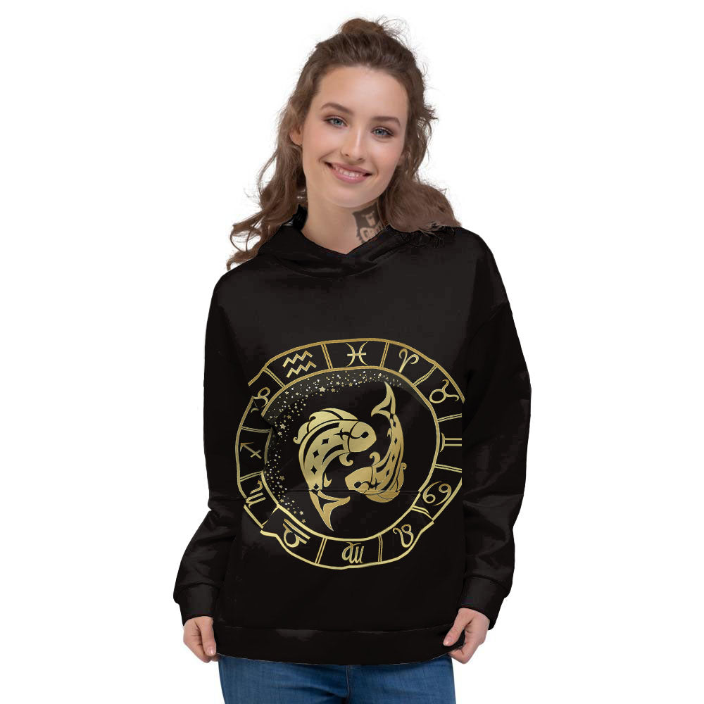 Zodiac Sign Golden Pisces Print Women's Hoodie-grizzshop