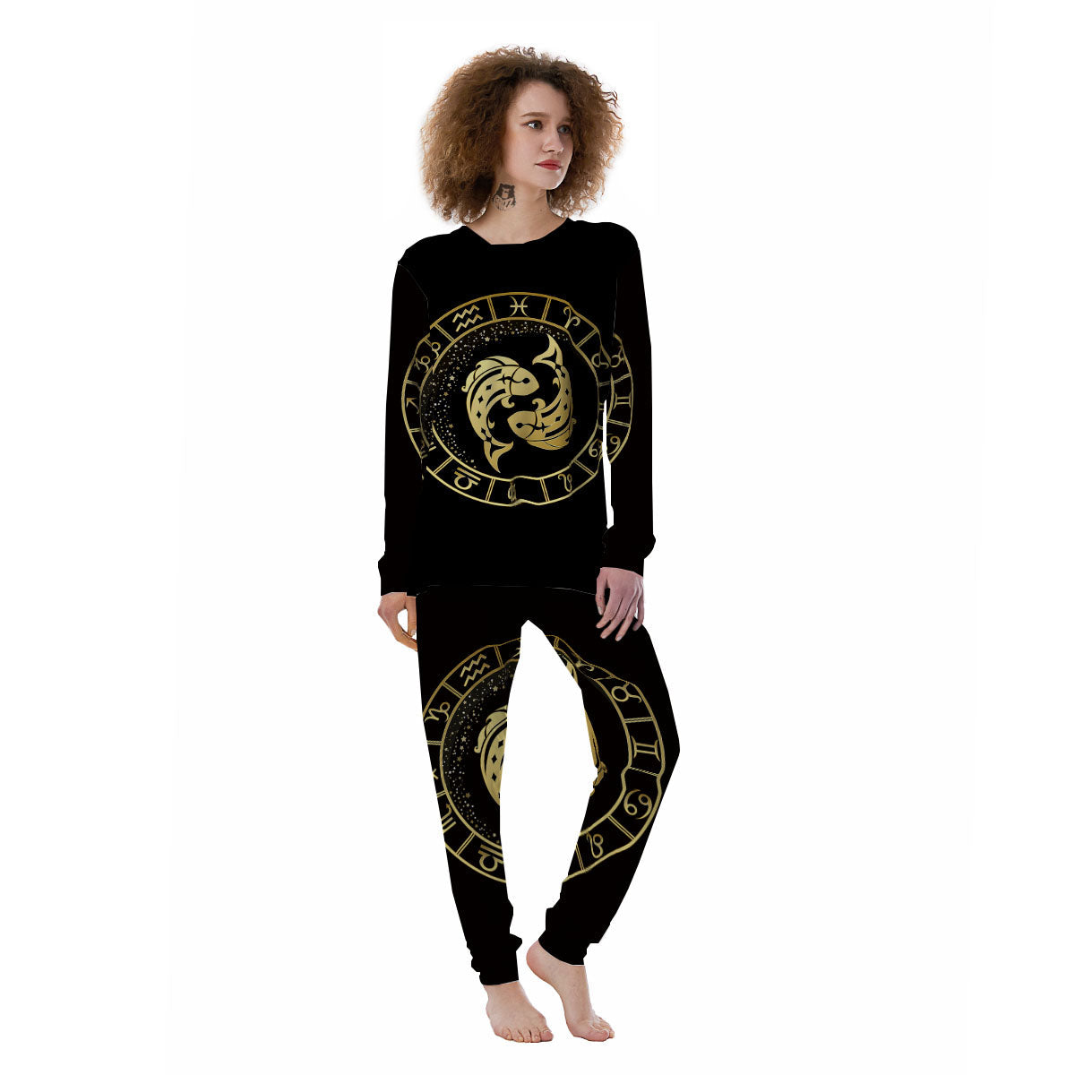 Zodiac Sign Golden Pisces Print Women's Pajamas-grizzshop