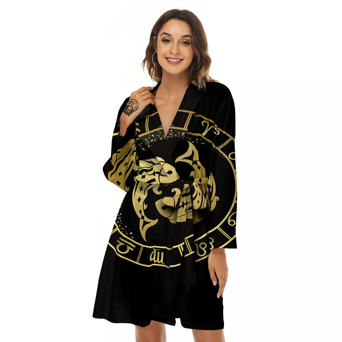 Zodiac Sign Golden Pisces Print Women's Robe-grizzshop