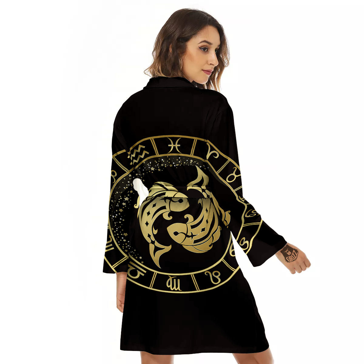 Zodiac Sign Golden Pisces Print Women's Robe-grizzshop