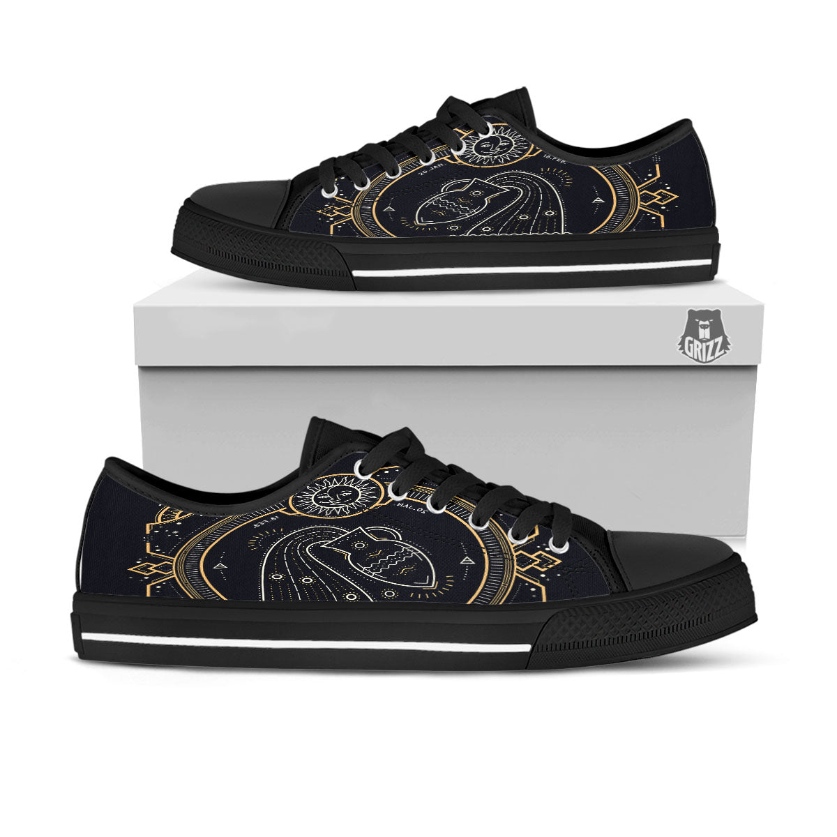 Zodiac Sign Vintage Aquarius Print Black Low Top Shoes-grizzshop