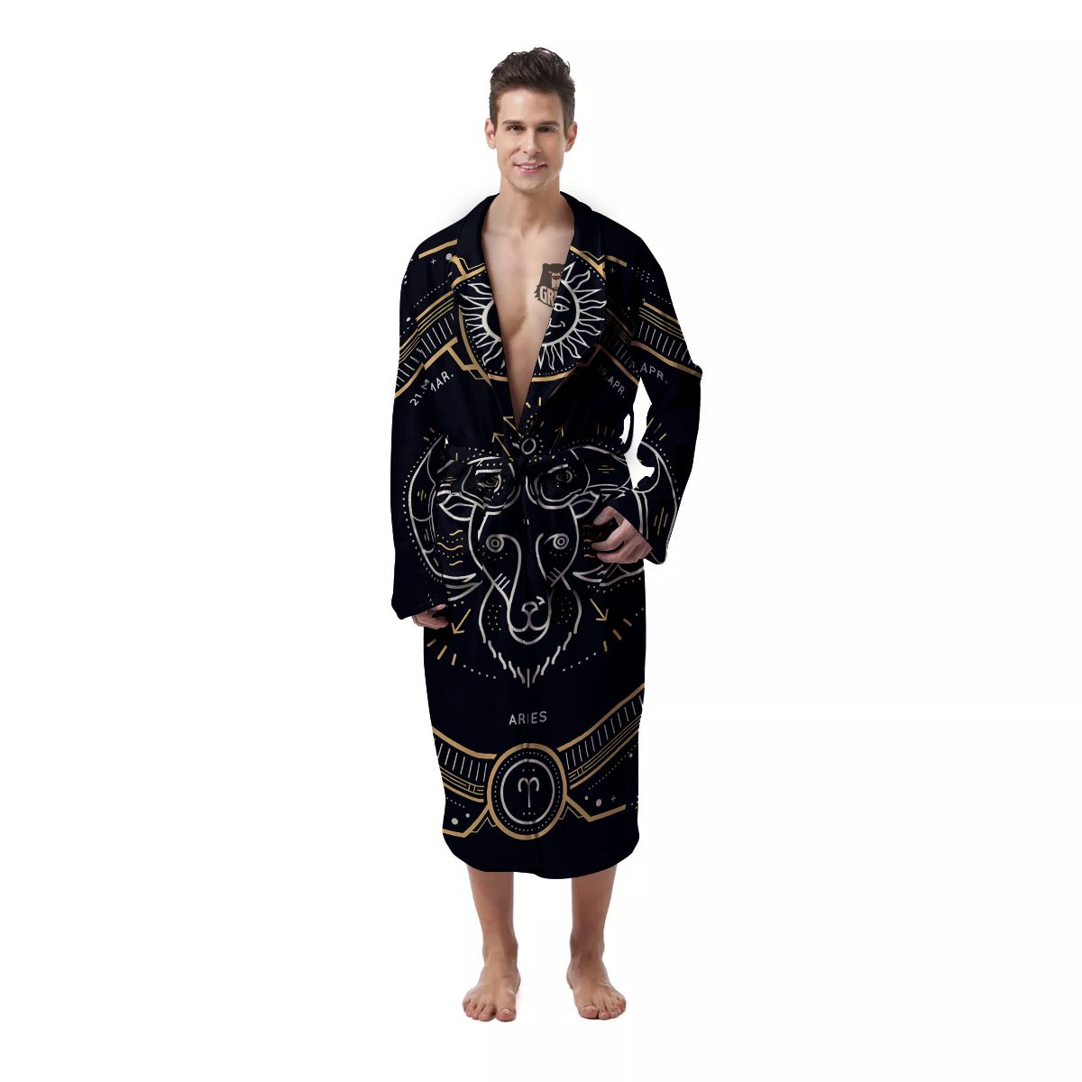 Zodiac Sign Vintage Aries Print Men's Robe-grizzshop