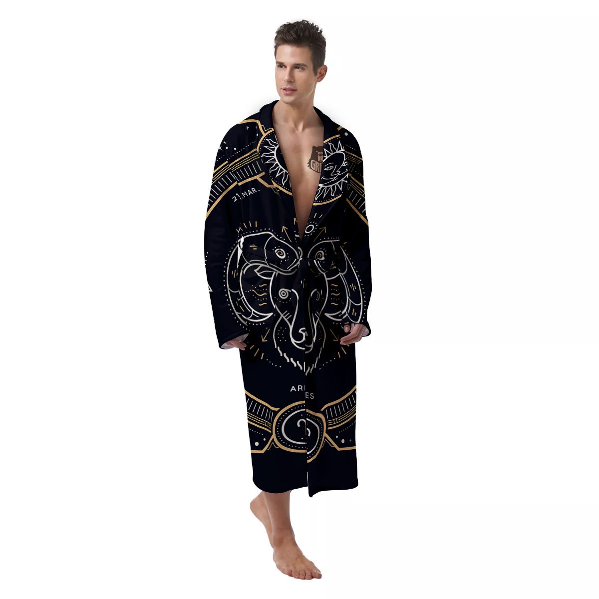 Zodiac Sign Vintage Aries Print Men's Robe-grizzshop