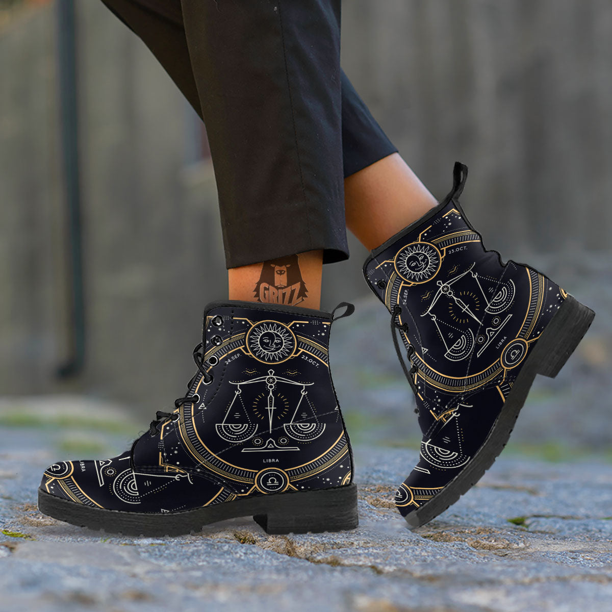 Zodiac Sign Vintage Libra Print Leather Boots-grizzshop