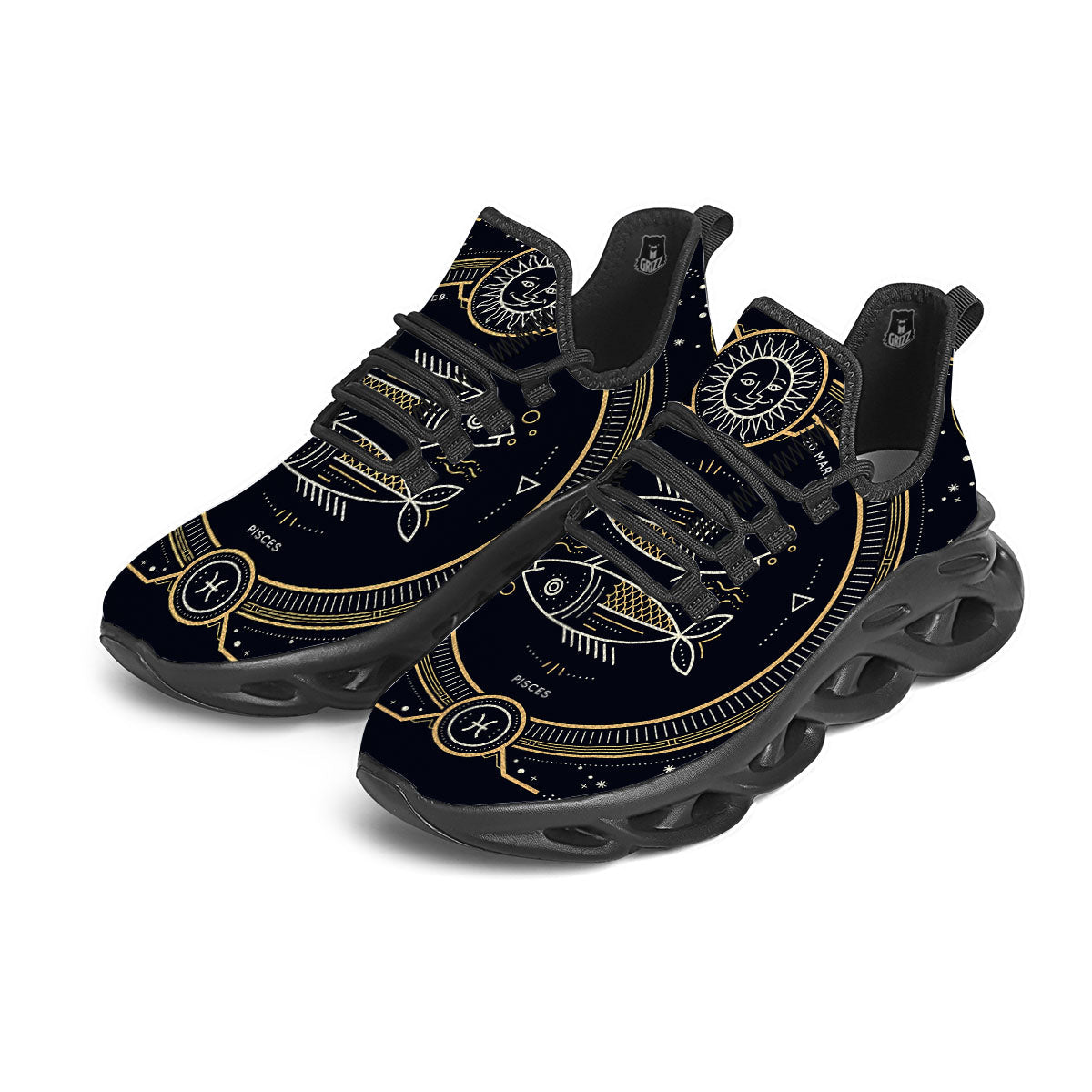 Zodiac Sign Vintage Pisces Print Black Running Shoes-grizzshop