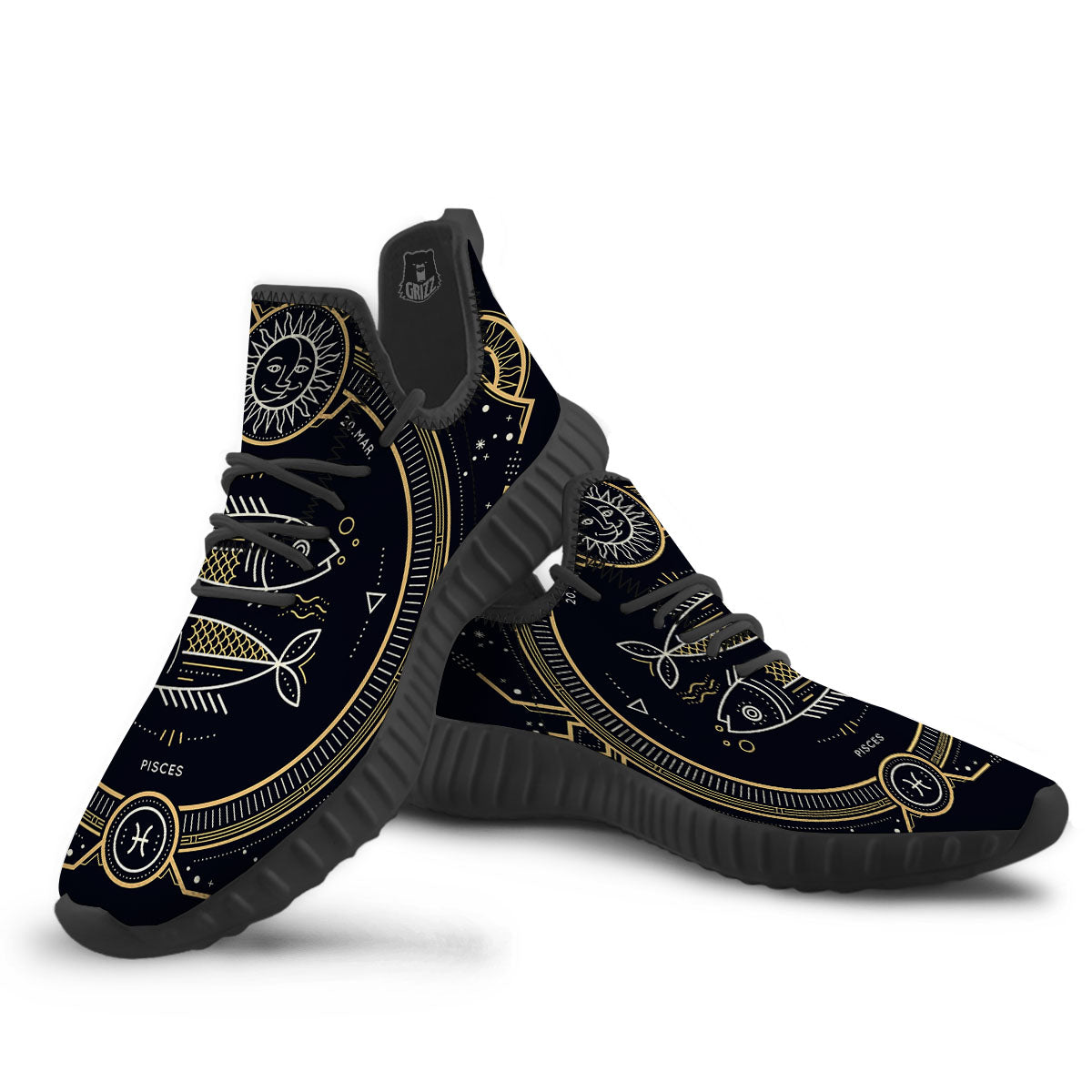 Zodiac Sign Vintage Pisces Print Black Walking Shoes-grizzshop