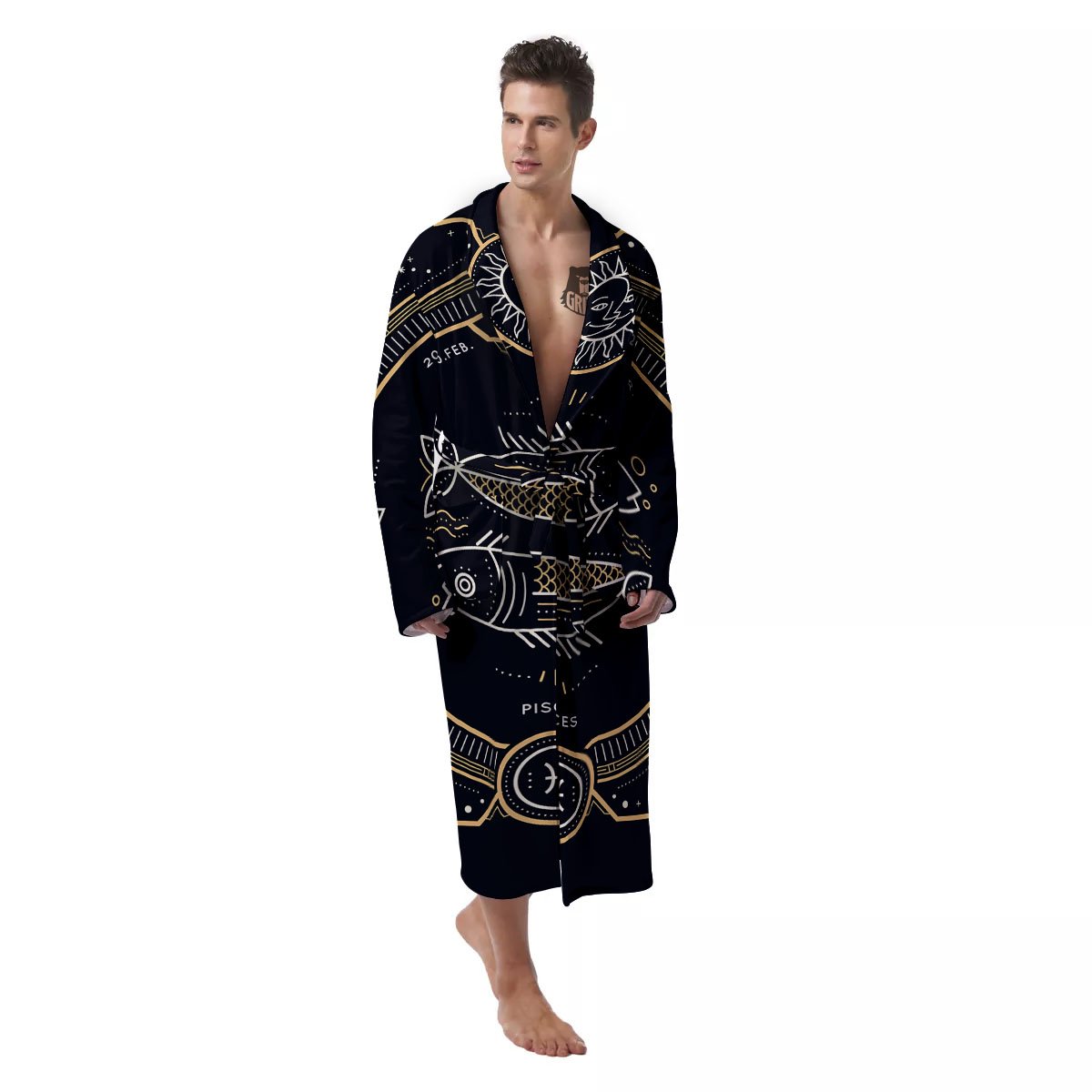 Zodiac Sign Vintage Pisces Print Men's Robe-grizzshop