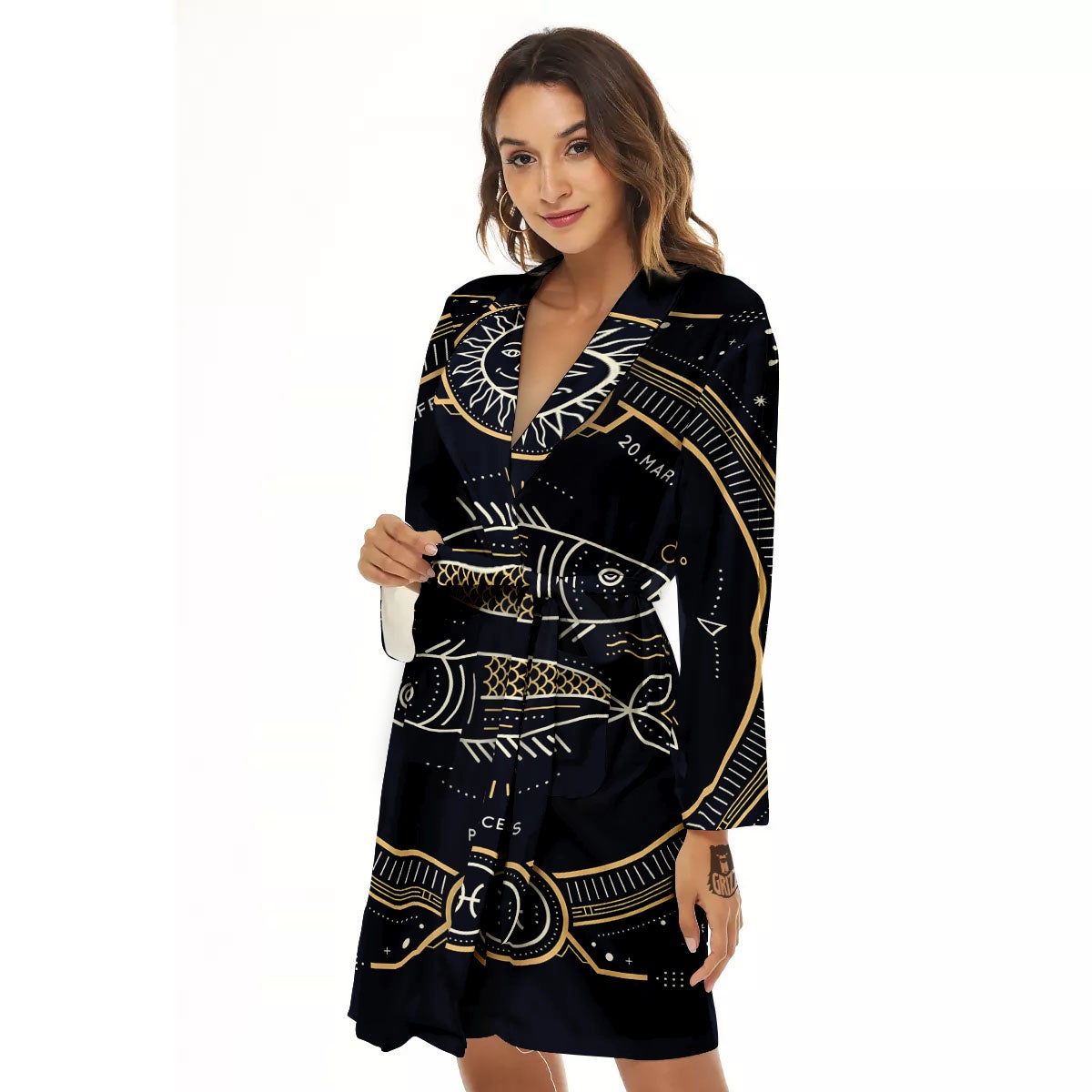 Zodiac Sign Vintage Pisces Print Women's Robe-grizzshop