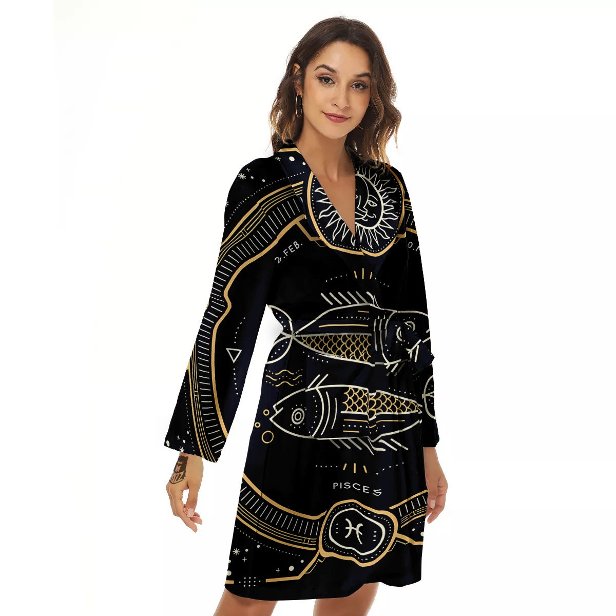 Zodiac Sign Vintage Pisces Print Women's Robe-grizzshop