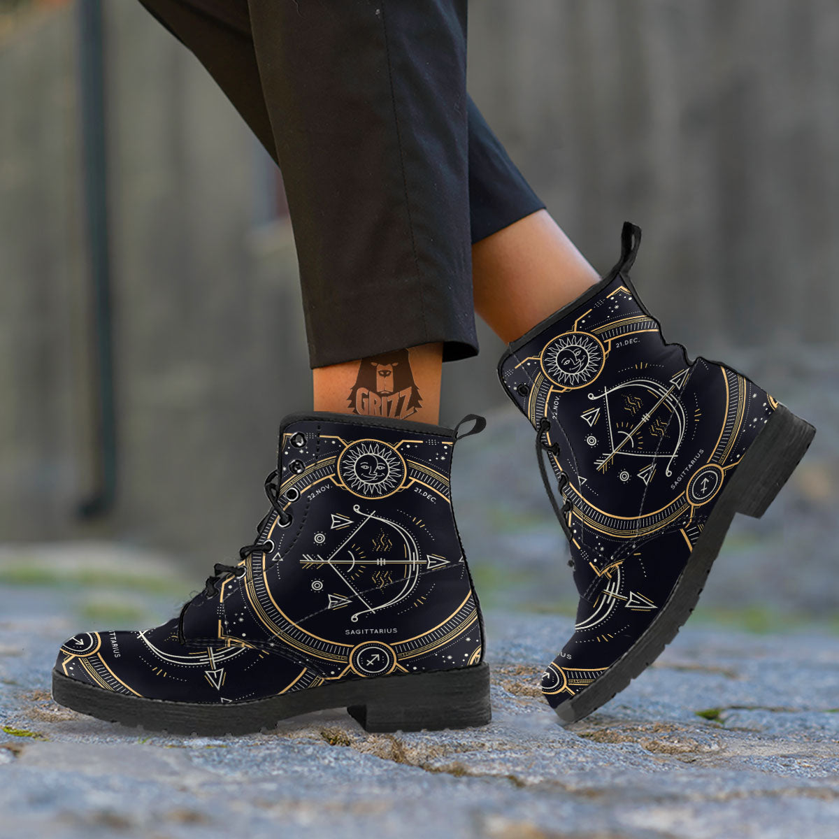 Zodiac Sign Vintage Sagittarius Print Leather Boots-grizzshop