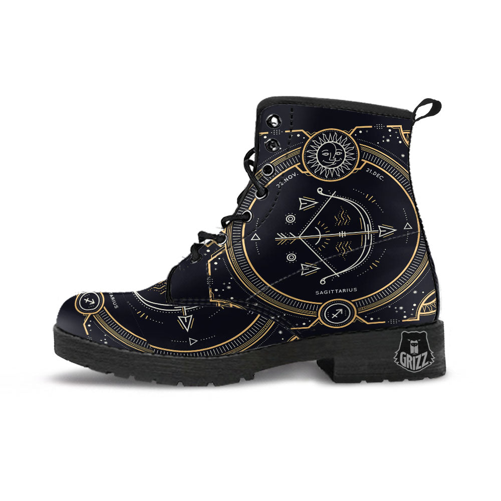 Zodiac Sign Vintage Sagittarius Print Leather Boots-grizzshop