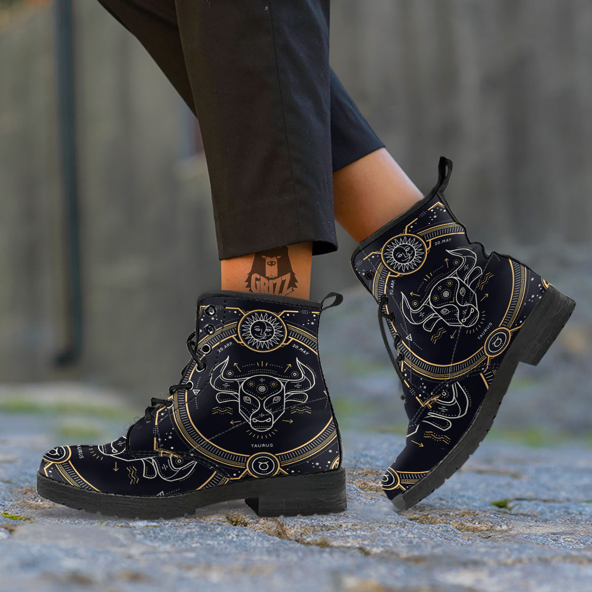 Zodiac Sign Vintage Taurus Print Leather Boots-grizzshop