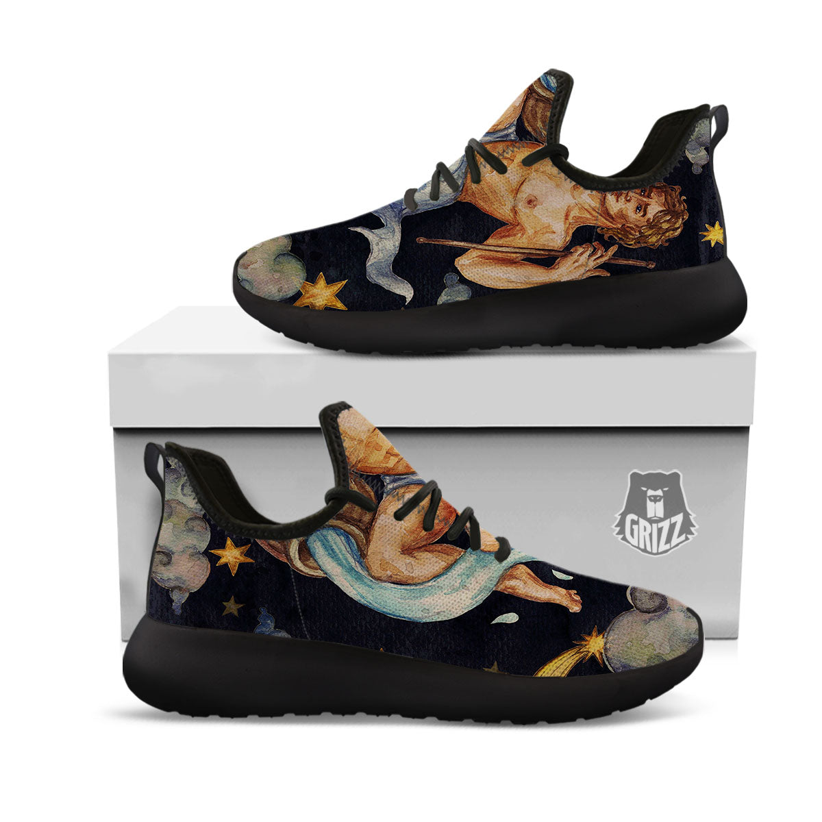 Zodiac Sign Watercolor Aquarius Print Black Athletic Shoes-grizzshop