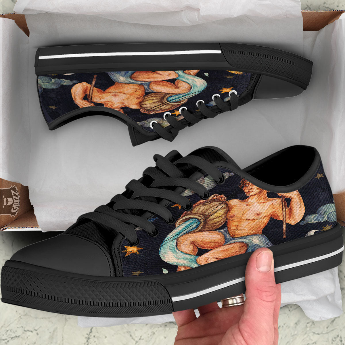 Zodiac Sign Watercolor Aquarius Print Black Low Top Shoes-grizzshop