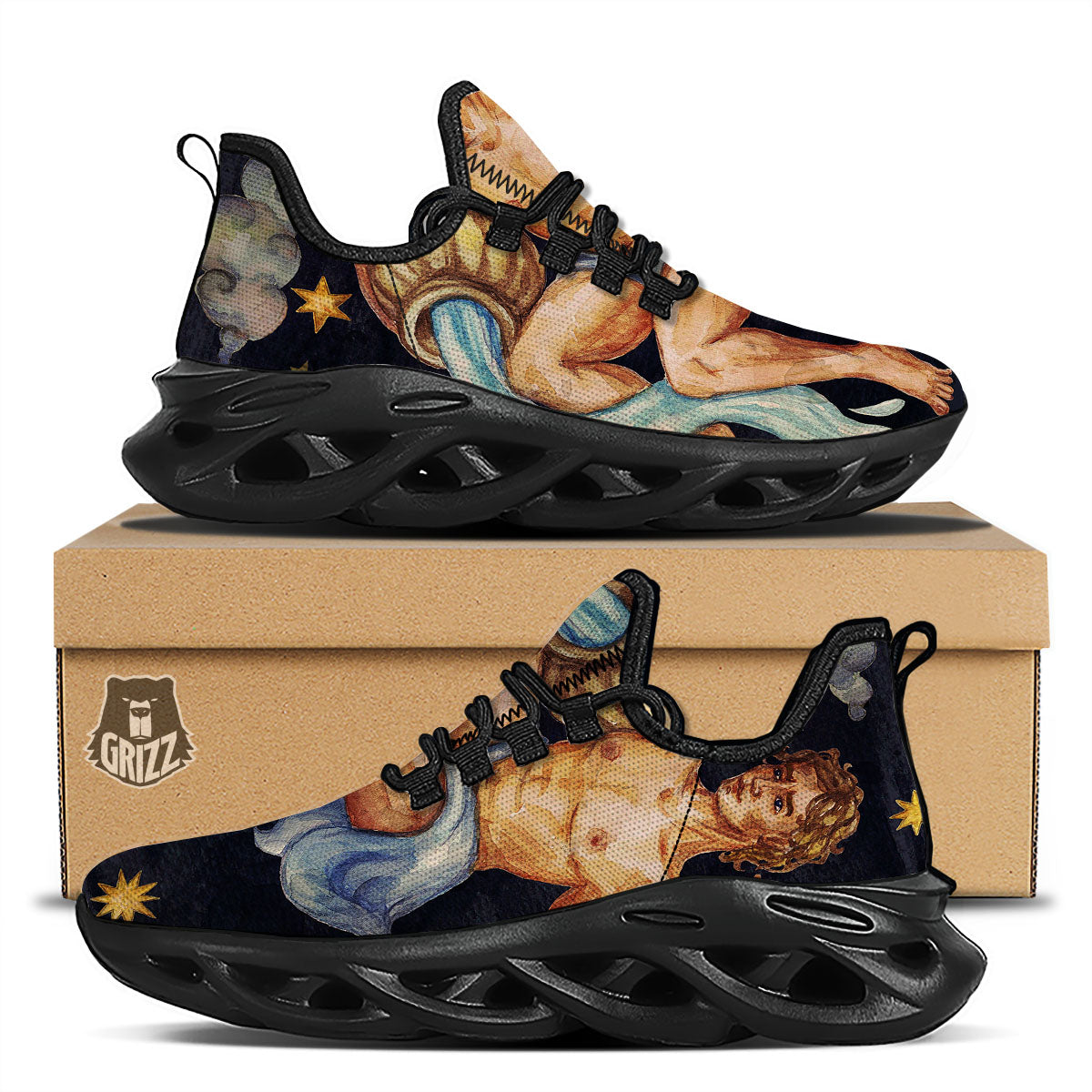 Zodiac Sign Watercolor Aquarius Print Black Running Shoes-grizzshop