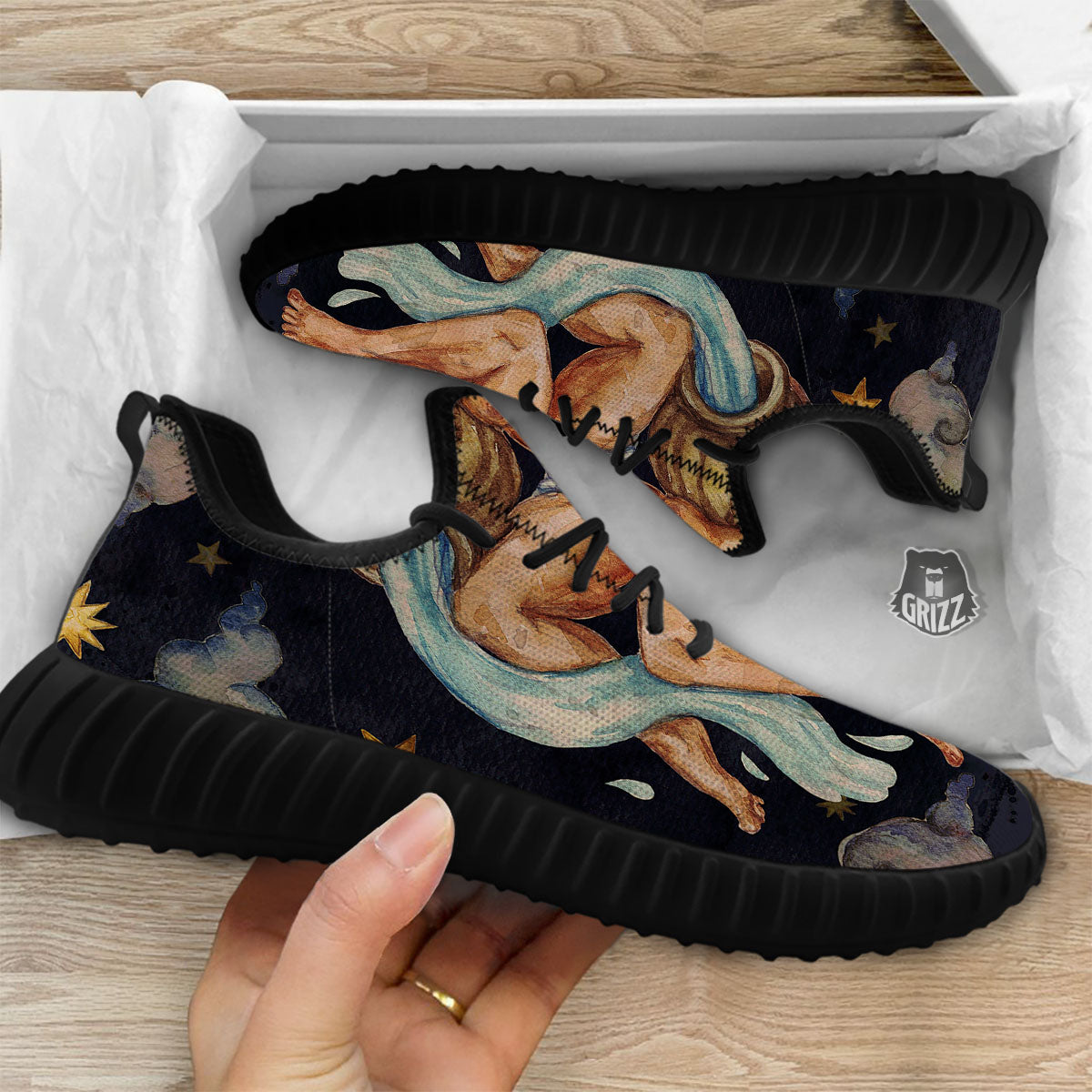 Zodiac Sign Watercolor Aquarius Print Black Walking Shoes-grizzshop