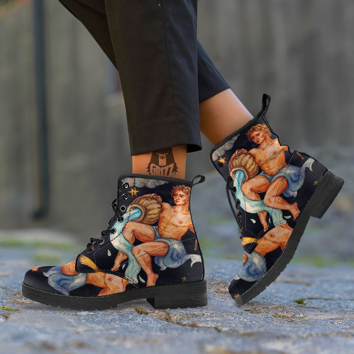 Zodiac Sign Watercolor Aquarius Print Leather Boots-grizzshop