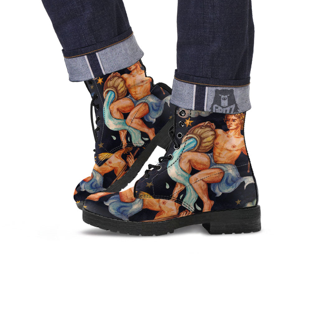 Zodiac Sign Watercolor Aquarius Print Leather Boots-grizzshop