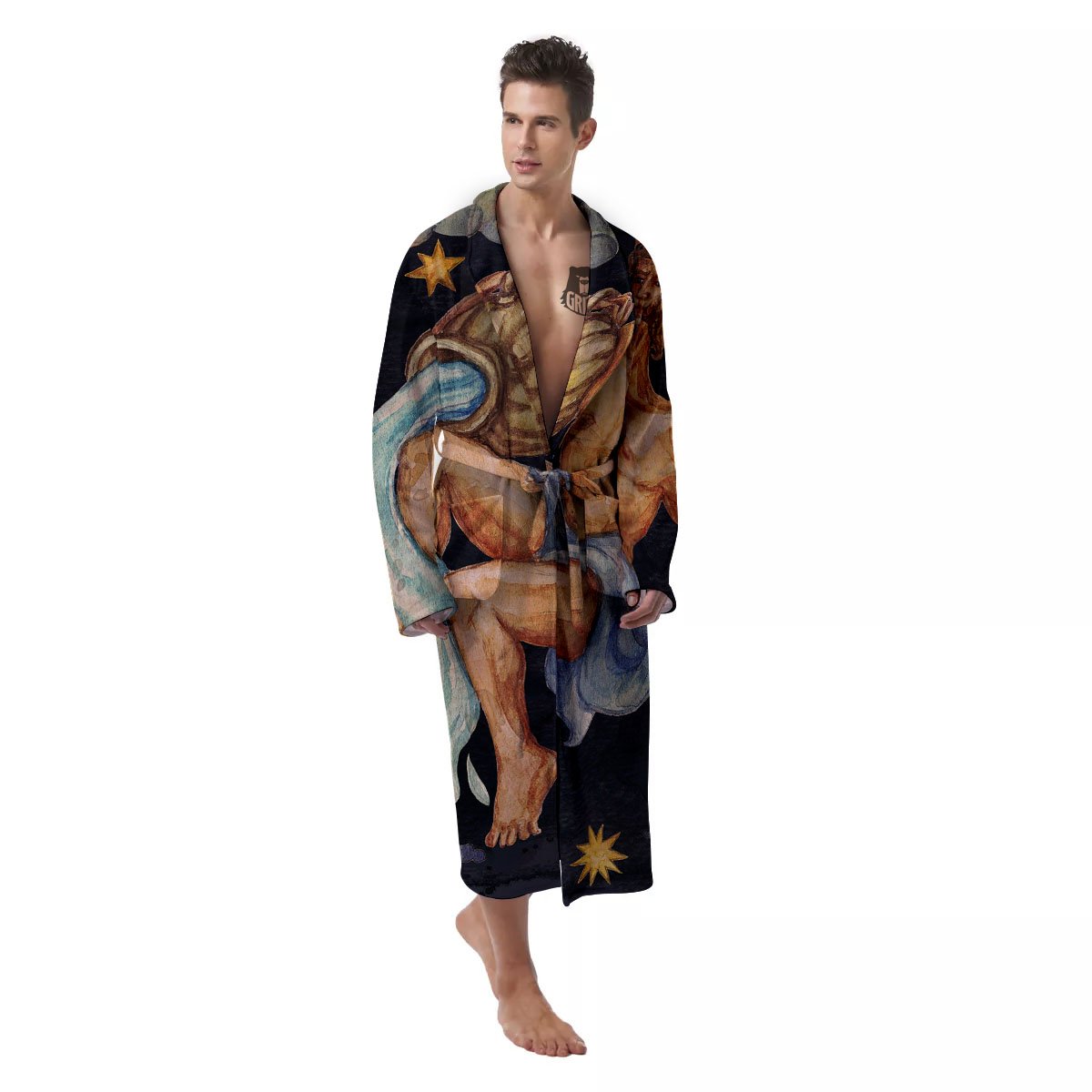 Zodiac Sign Watercolor Aquarius Print Men's Robe-grizzshop