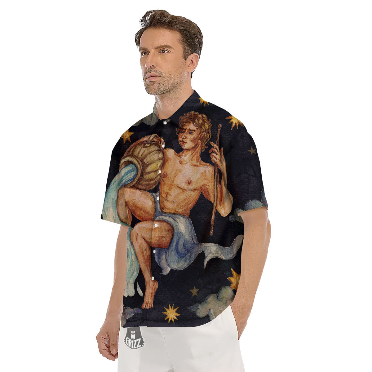 Zodiac Sign Watercolor Aquarius Print Men's Short Sleeve Shirts-grizzshop