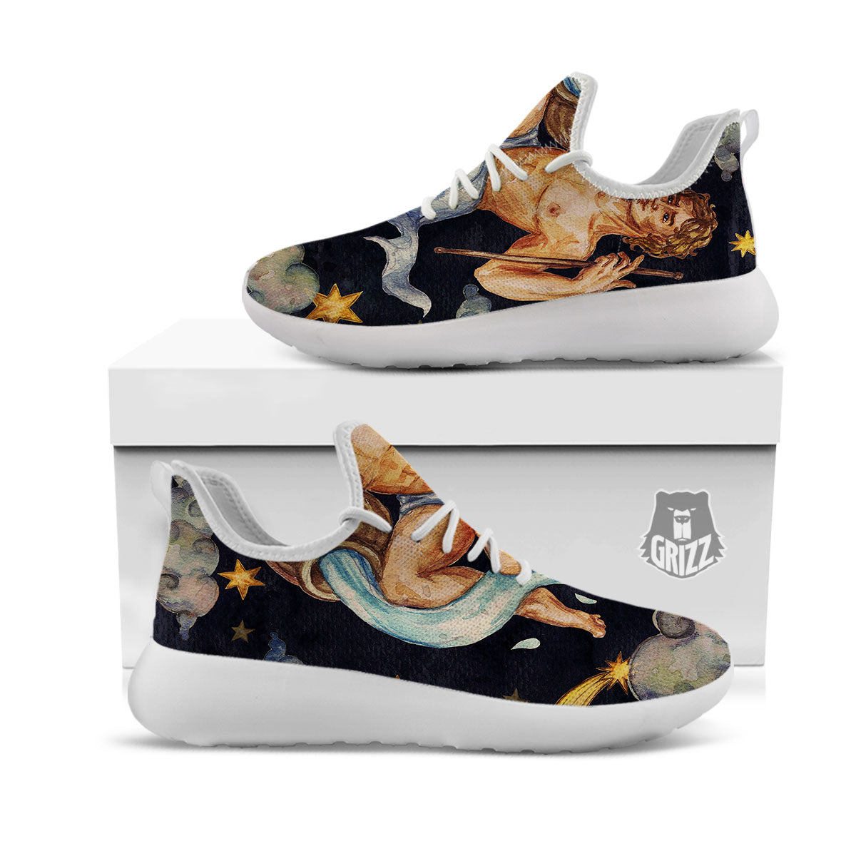 Zodiac Sign Watercolor Aquarius Print White Athletic Shoes-grizzshop