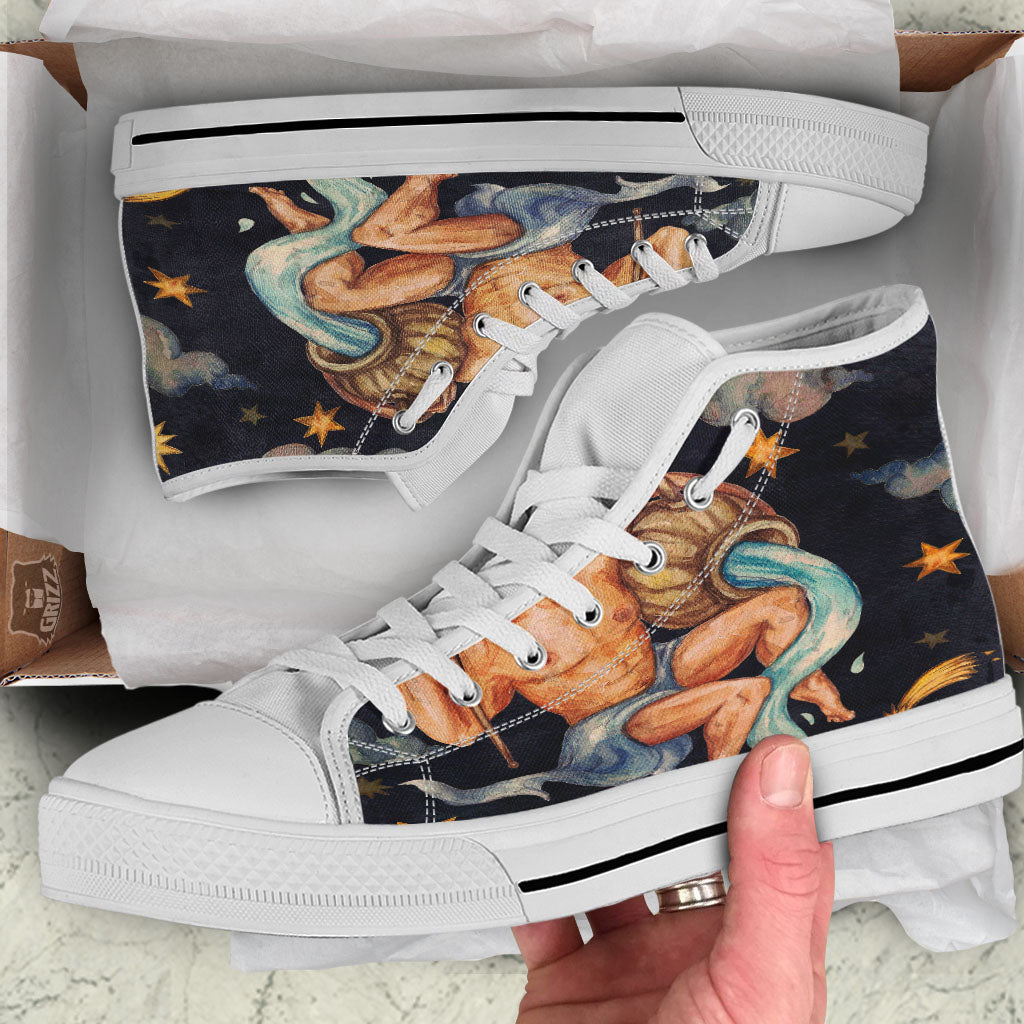 Zodiac Sign Watercolor Aquarius Print White High Top Shoes-grizzshop