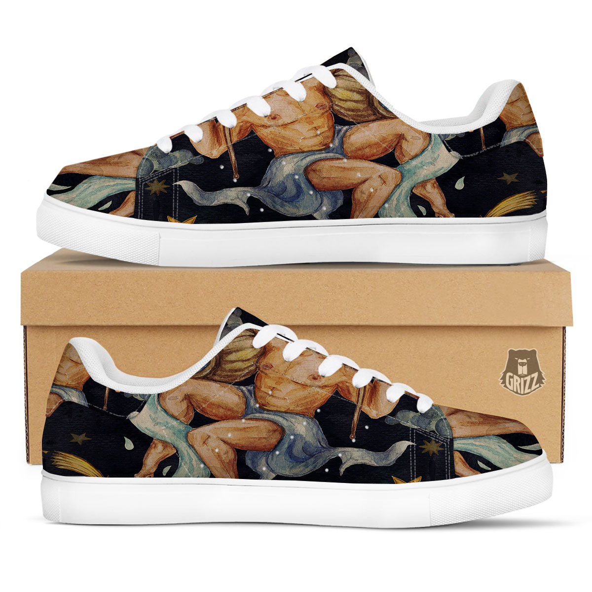 Zodiac Sign Watercolor Aquarius Print White Low Top Sneakers-grizzshop