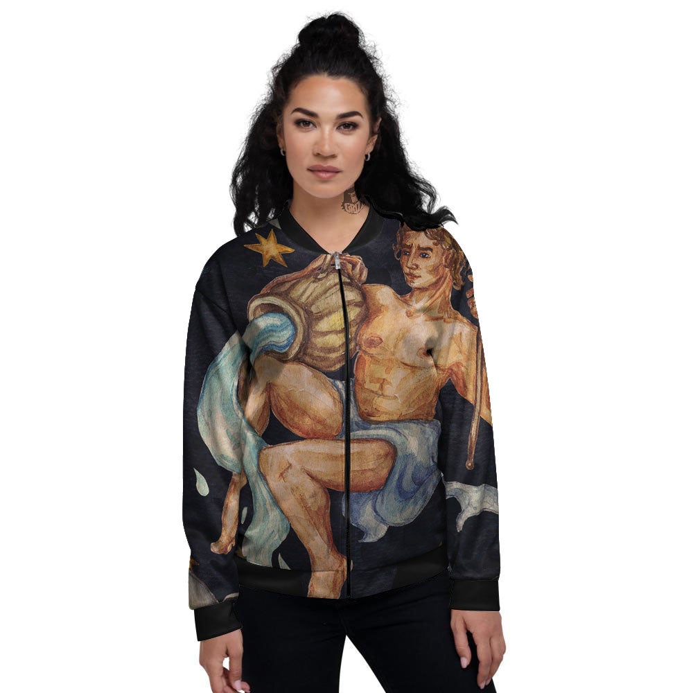 Zodiac Sign Watercolor Aquarius Print Women's Bomber Jacket-grizzshop