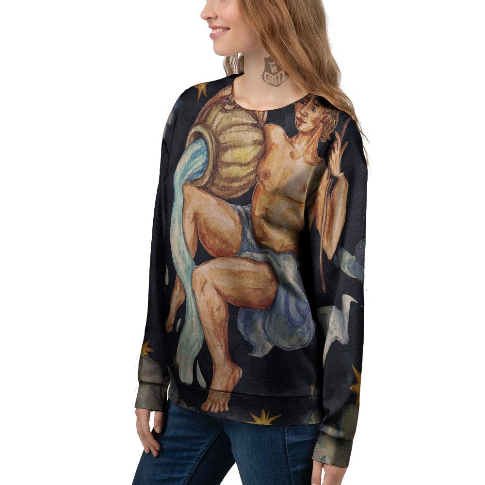 Zodiac Sign Watercolor Aquarius Print Women's Sweatshirt-grizzshop