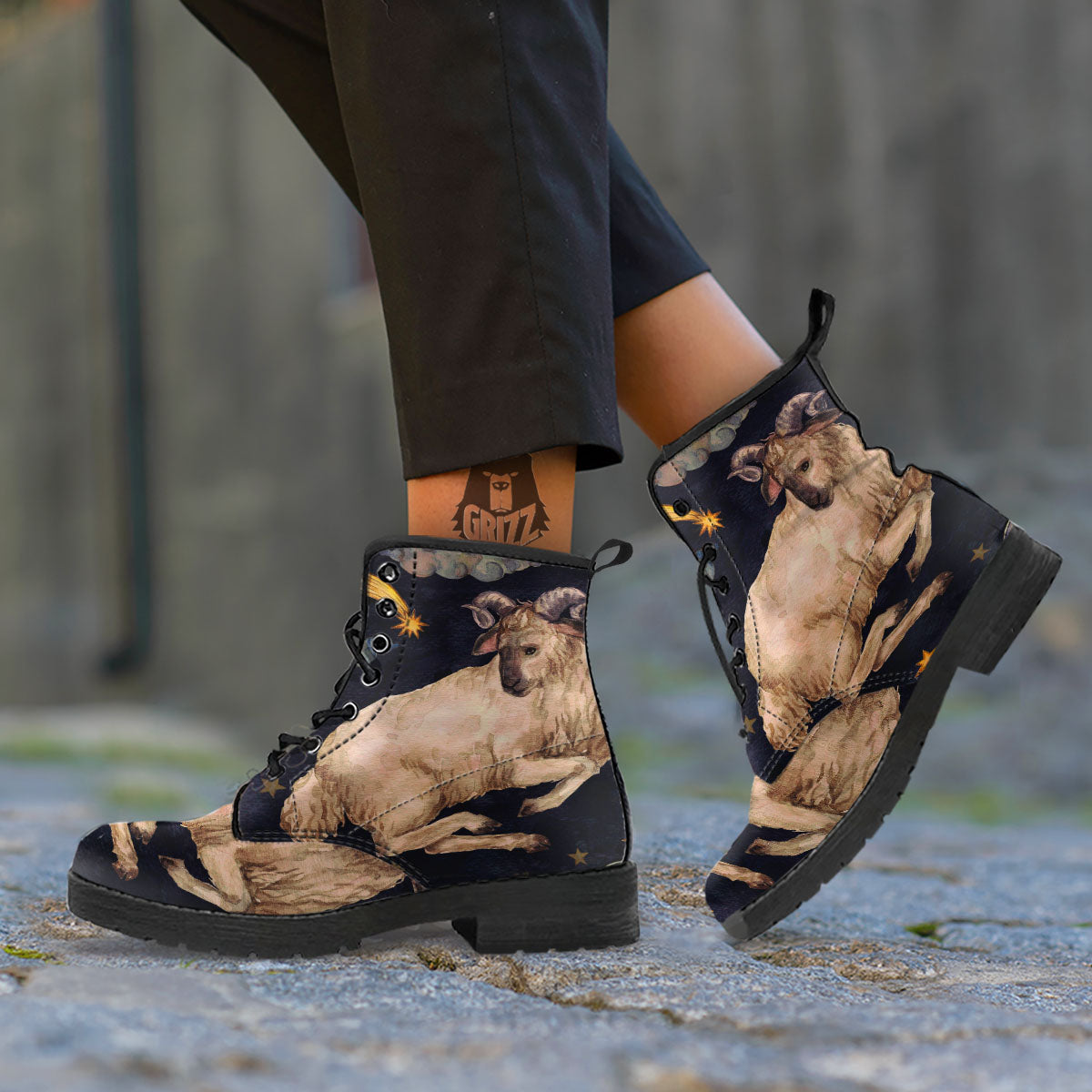 Zodiac Sign Watercolor Aries Print Leather Boots-grizzshop