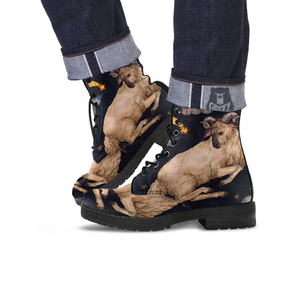 Zodiac Sign Watercolor Aries Print Leather Boots-grizzshop
