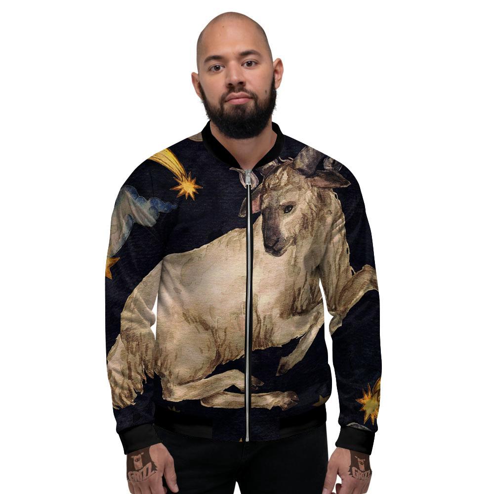 Zodiac Sign Watercolor Aries Print Men's Bomber Jacket-grizzshop