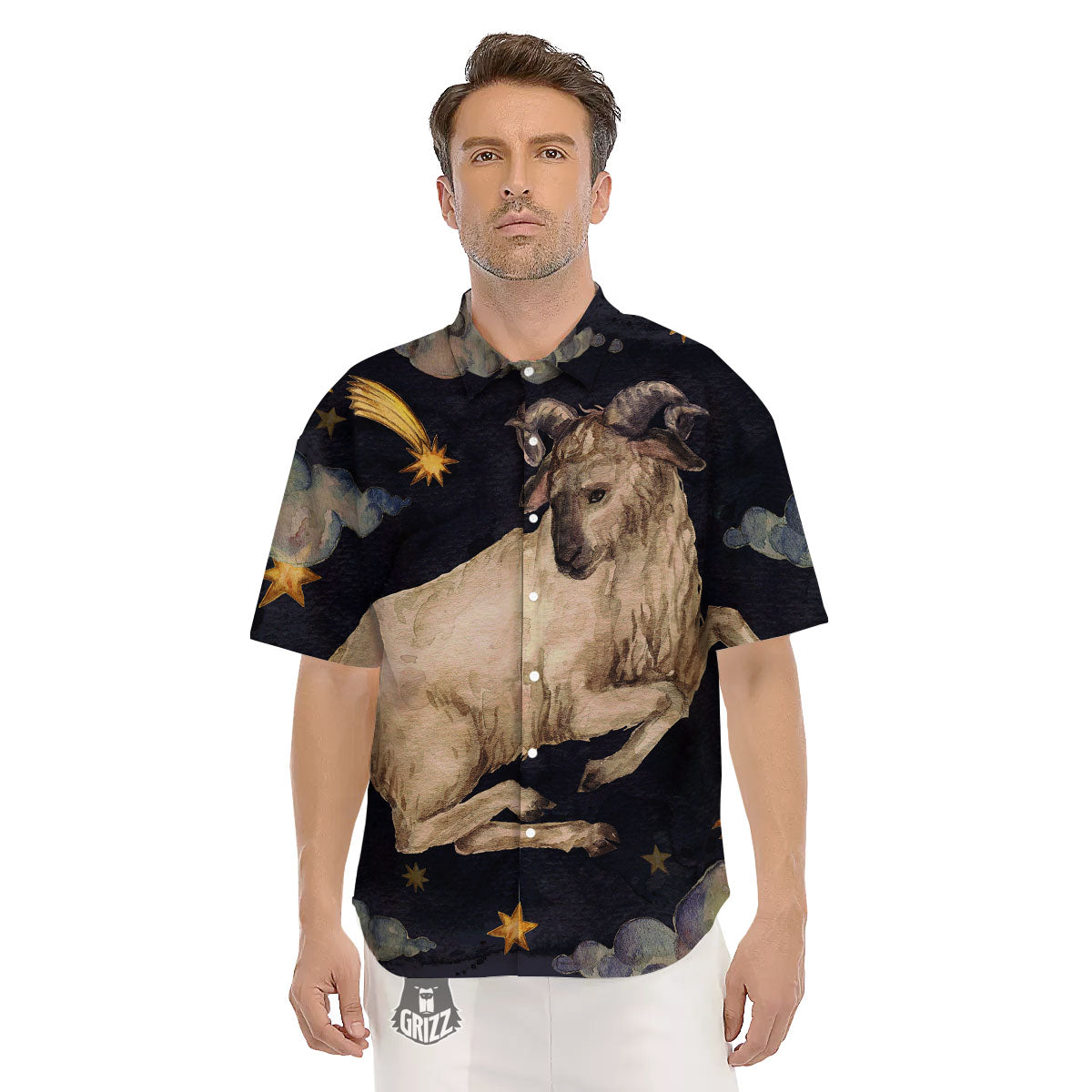Zodiac Sign Watercolor Aries Print Men's Short Sleeve Shirts-grizzshop