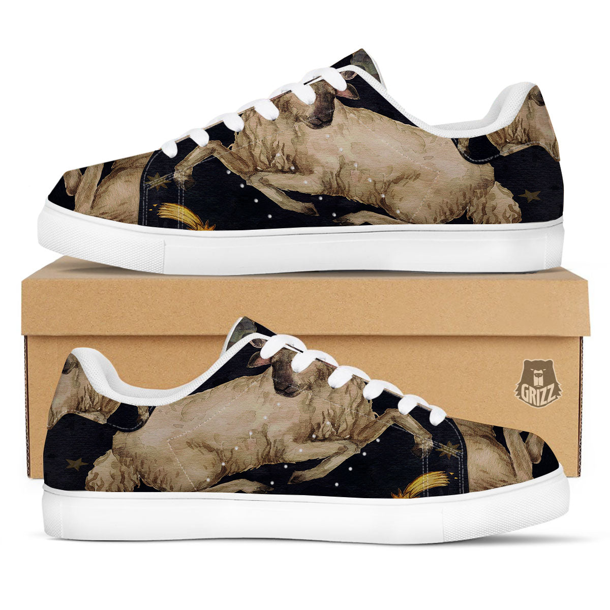 Zodiac Sign Watercolor Aries Print White Low Top Sneakers-grizzshop