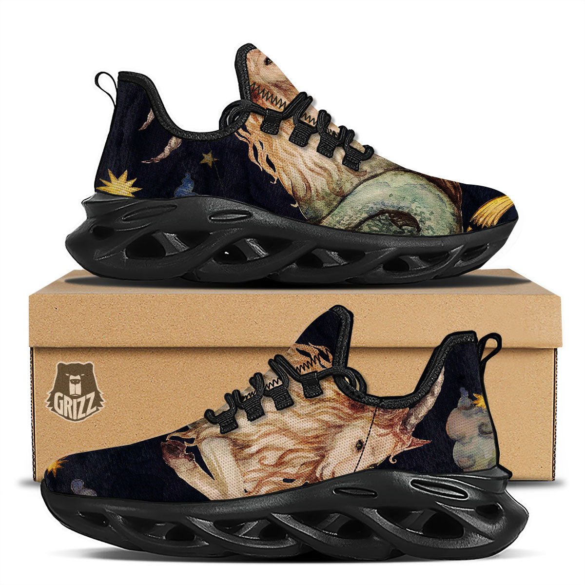 Zodiac Sign Watercolor Capricorn Print Black Running Shoes-grizzshop
