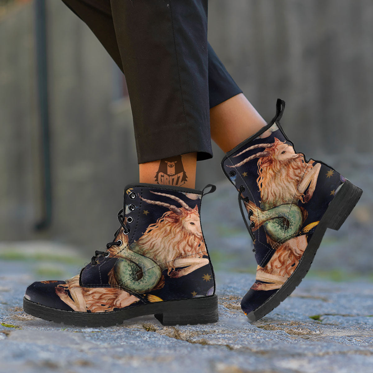 Zodiac Sign Watercolor Capricorn Print Leather Boots-grizzshop